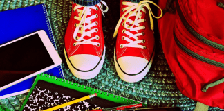 red shoes and school supplies. school anxiety. Des Moines Mom