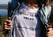 Mom wearing a shirt that says "Right to be Wrong"