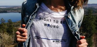 Mom wearing a shirt that says "Right to be Wrong"